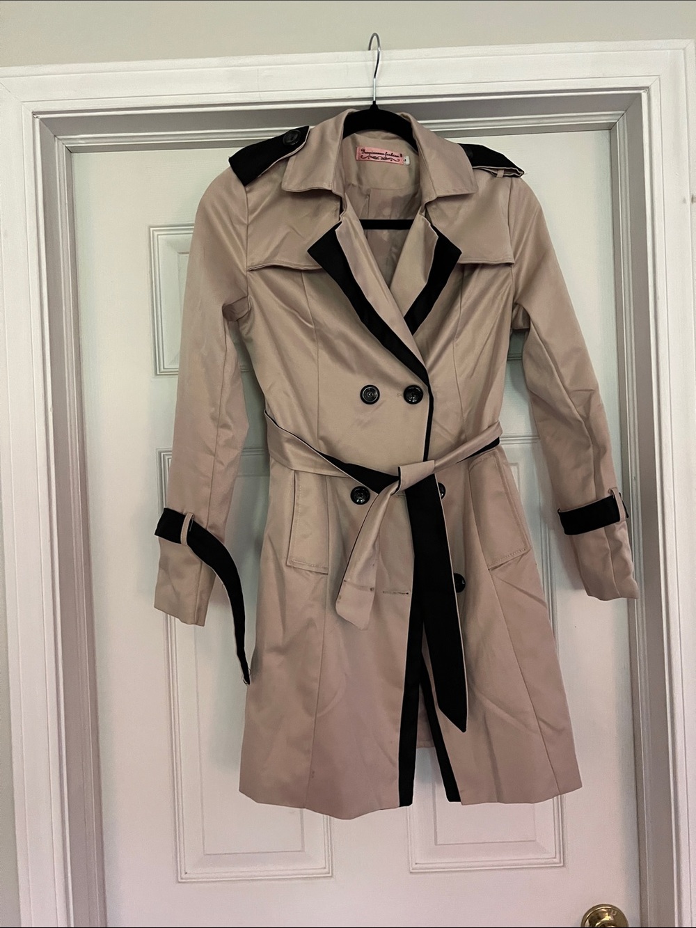 Women's Beige Trench Coat with Black Trim - Classic Double-Breasted